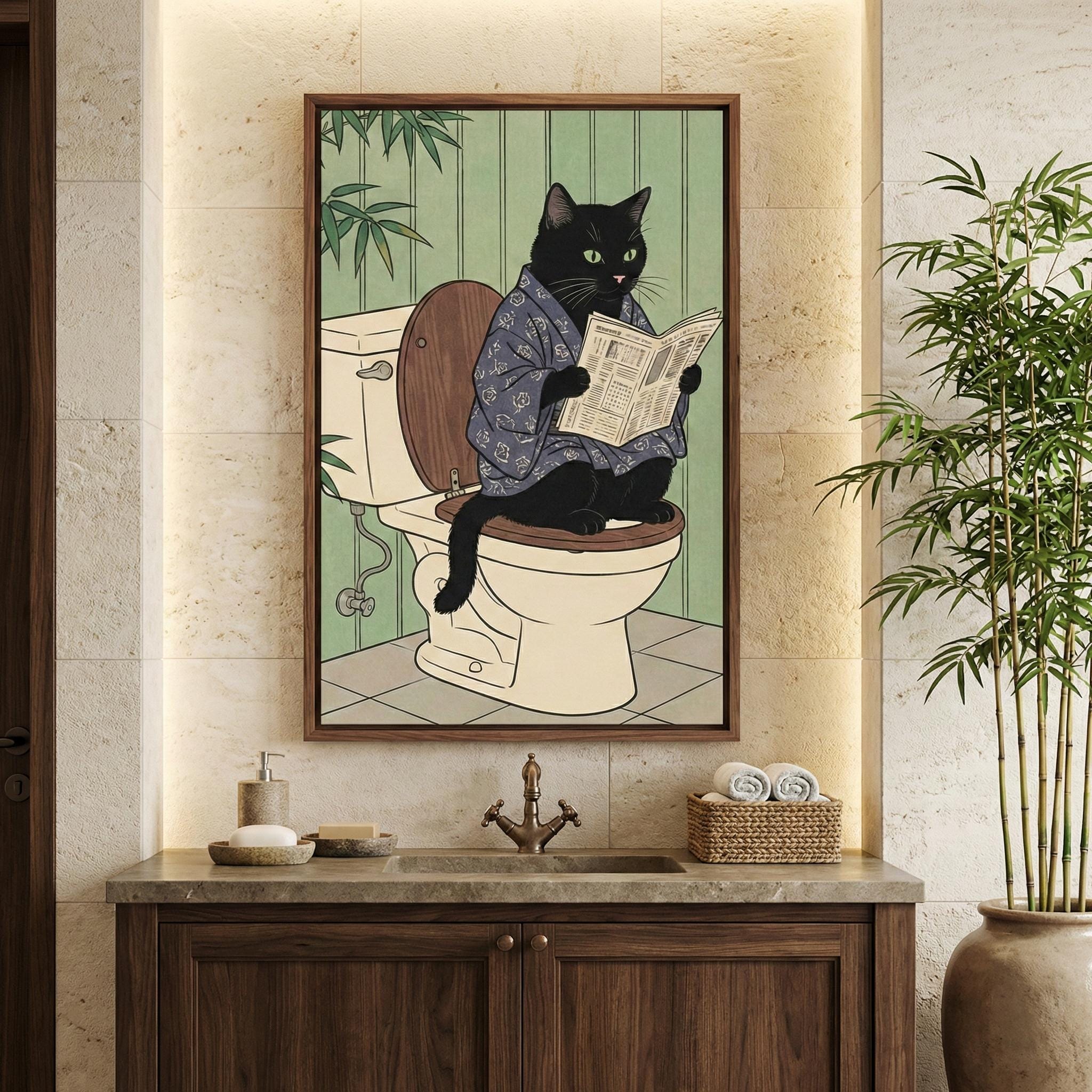 Japanese Style Black Cat Print, Toilet Humor (Canvas or Paper)