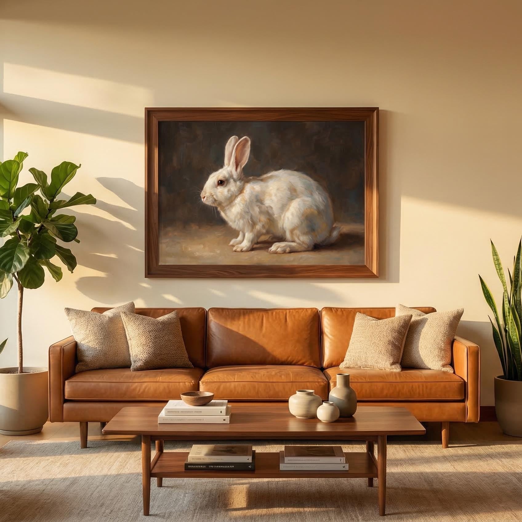 Vintage White Rabbit Painting, Moody Woodland Animal Wall Art, Cottagecore Bunny Print, Farmhouse