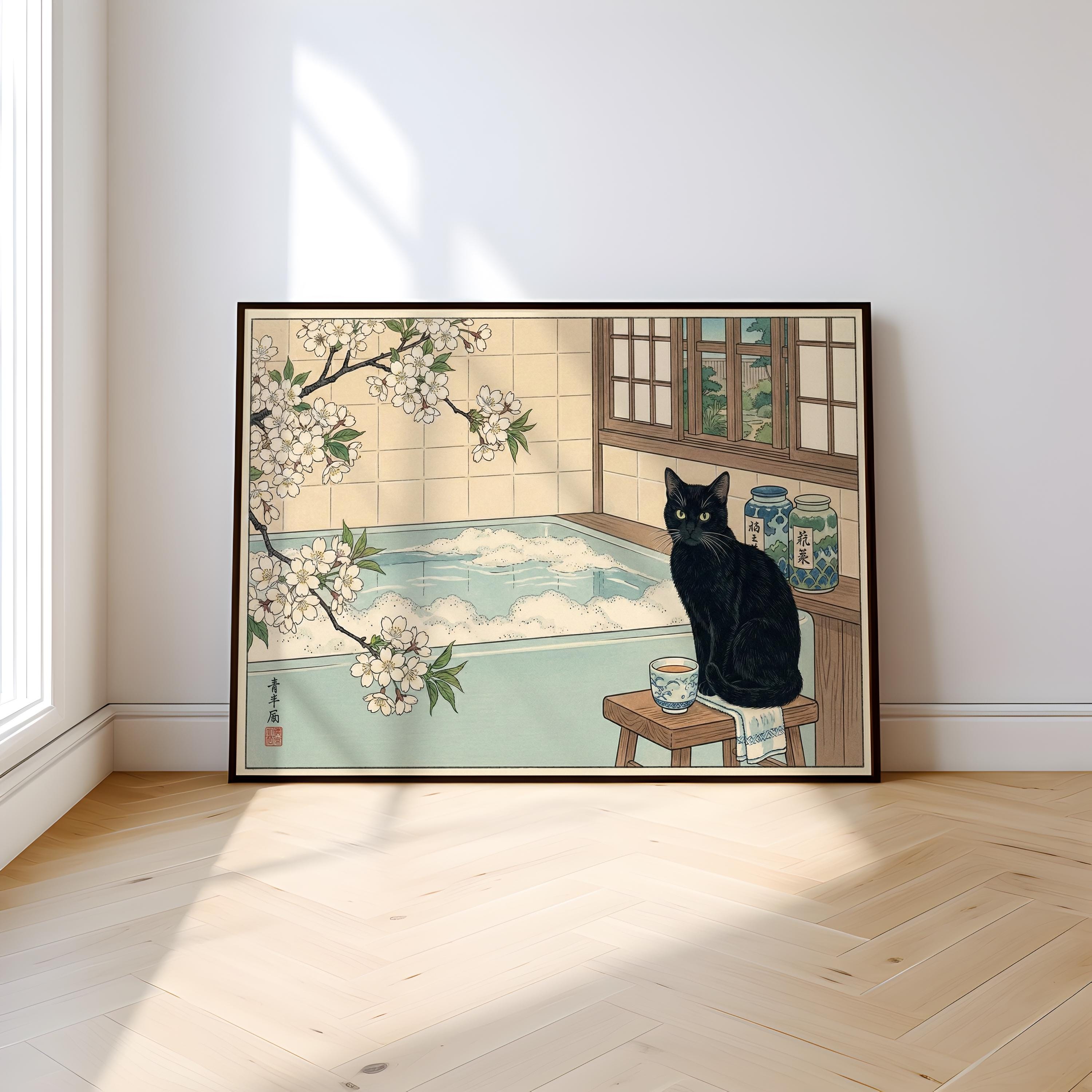 Ukiyo-e Black Cat Wall Art - Japanese Onsen Bathhouse Scene