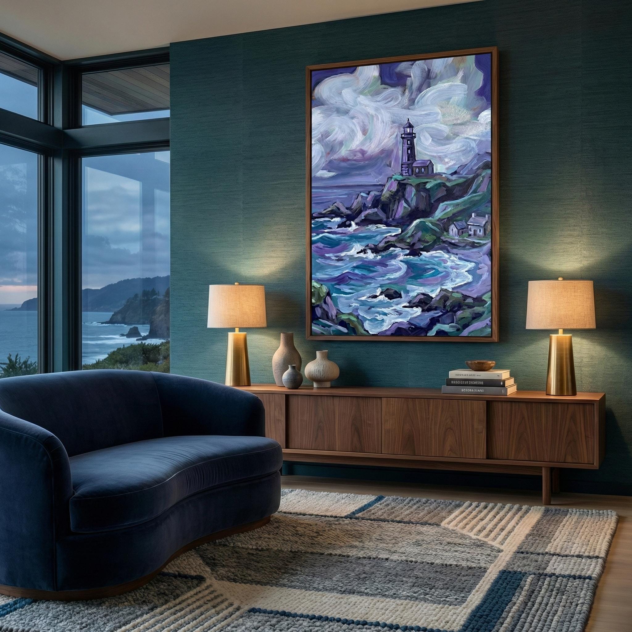 Fantasy Lighthouse Canvas, Purple Ocean, White Deer (Ready to Hang)