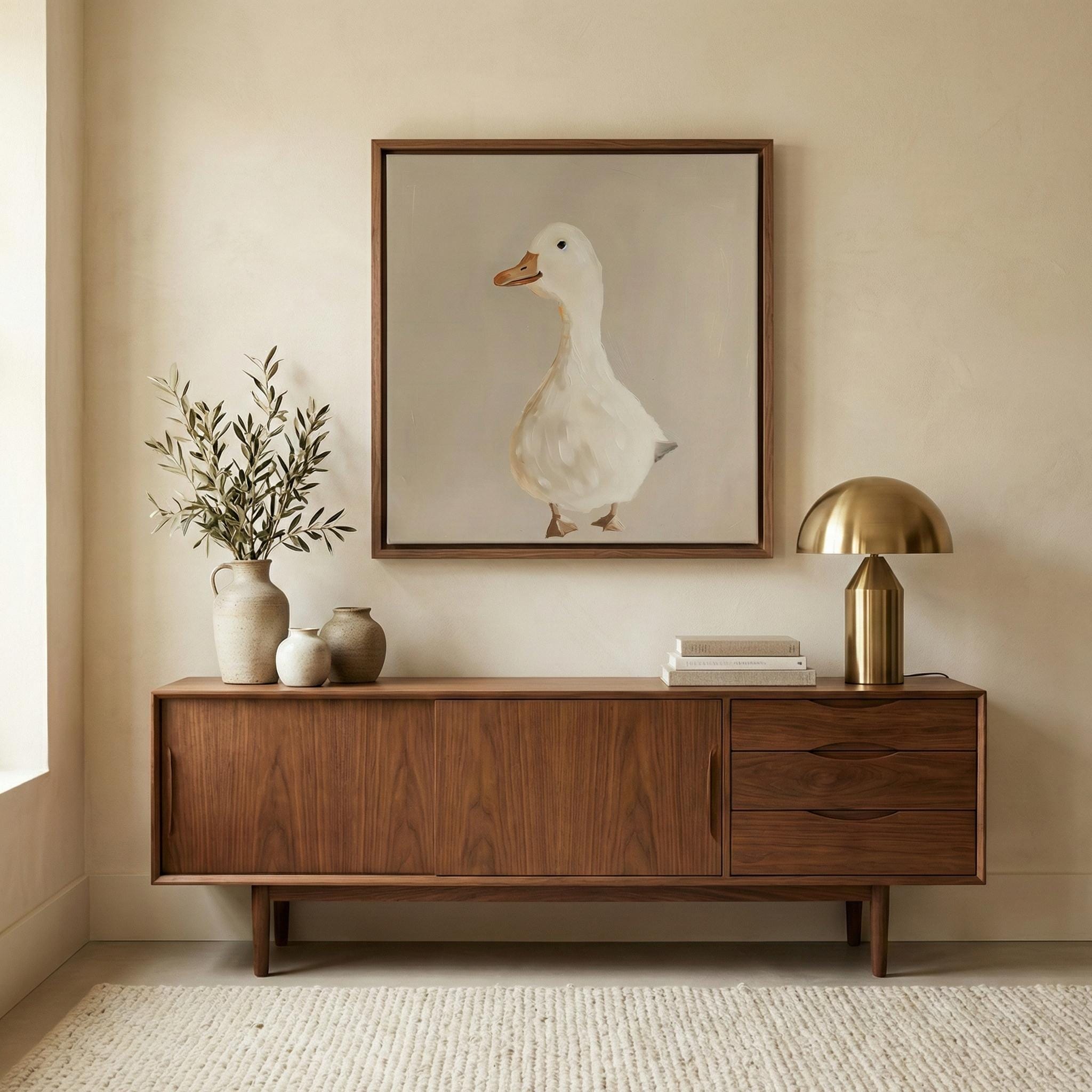 Whimsical Goose Wall Art: Beige Nursery Canvas Print