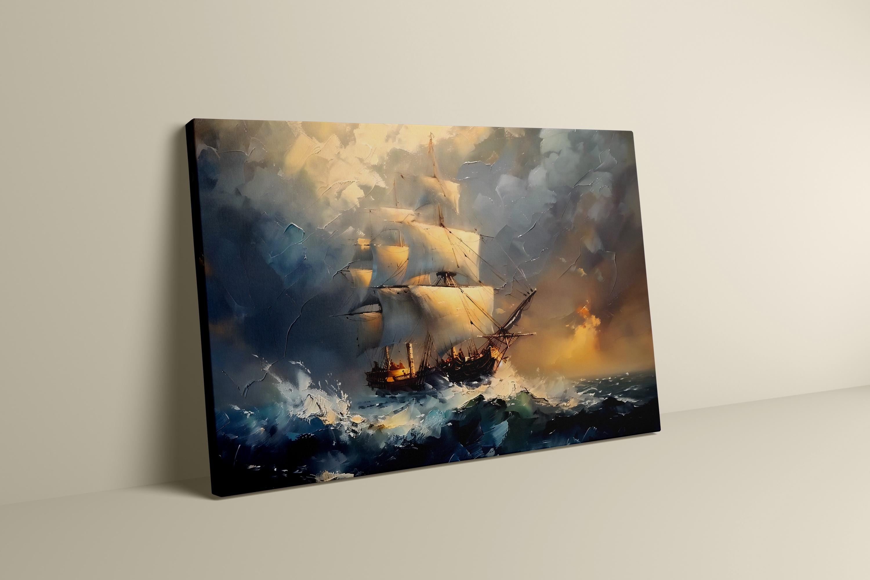 The Unconquered: Classical Stormy Sea Ship Painting | Dramatic Nautical Adventure Art
