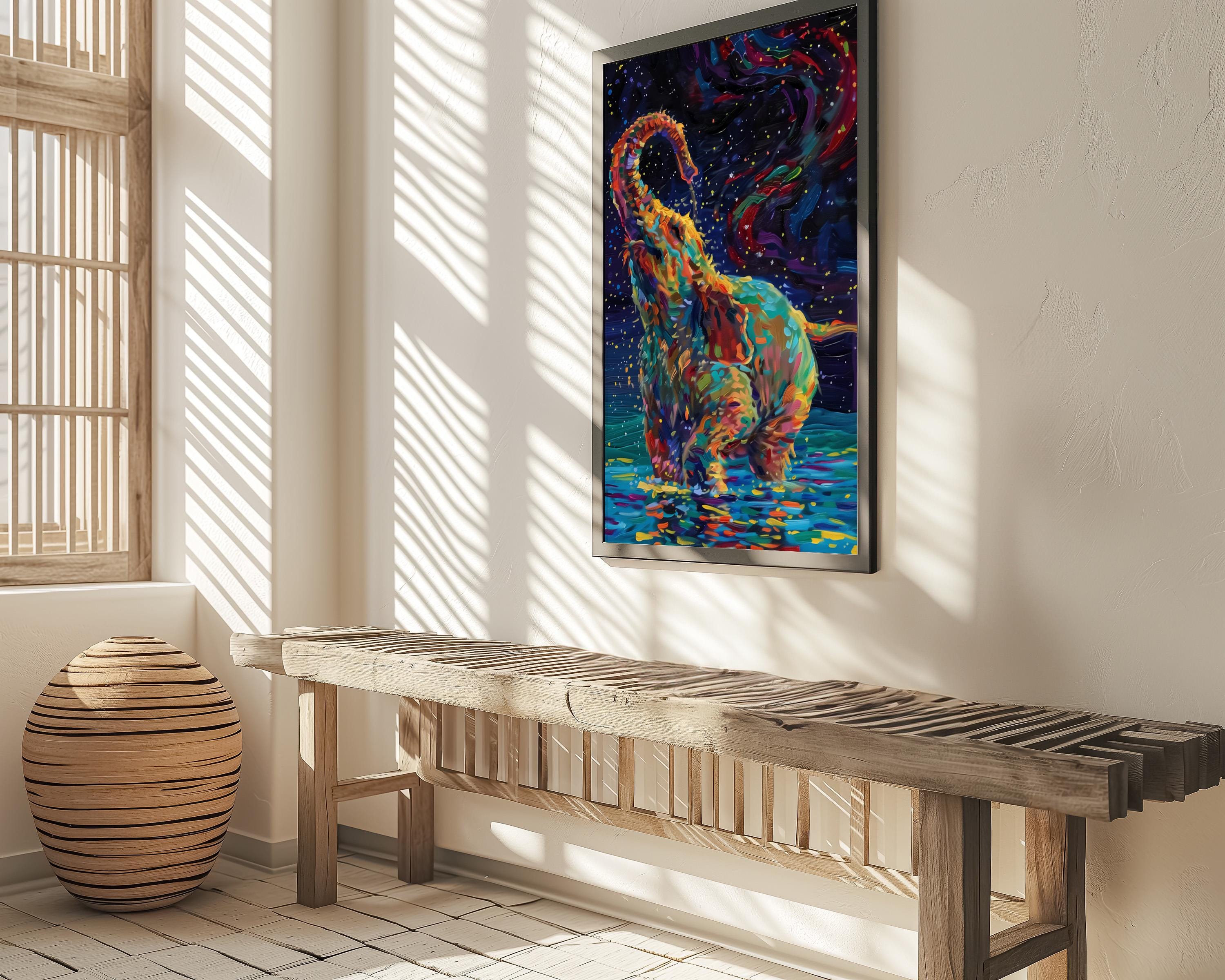 Cosmic Elephant: Fantastical Blue & Colorful Animal Art | Surreal Space Wall Decor