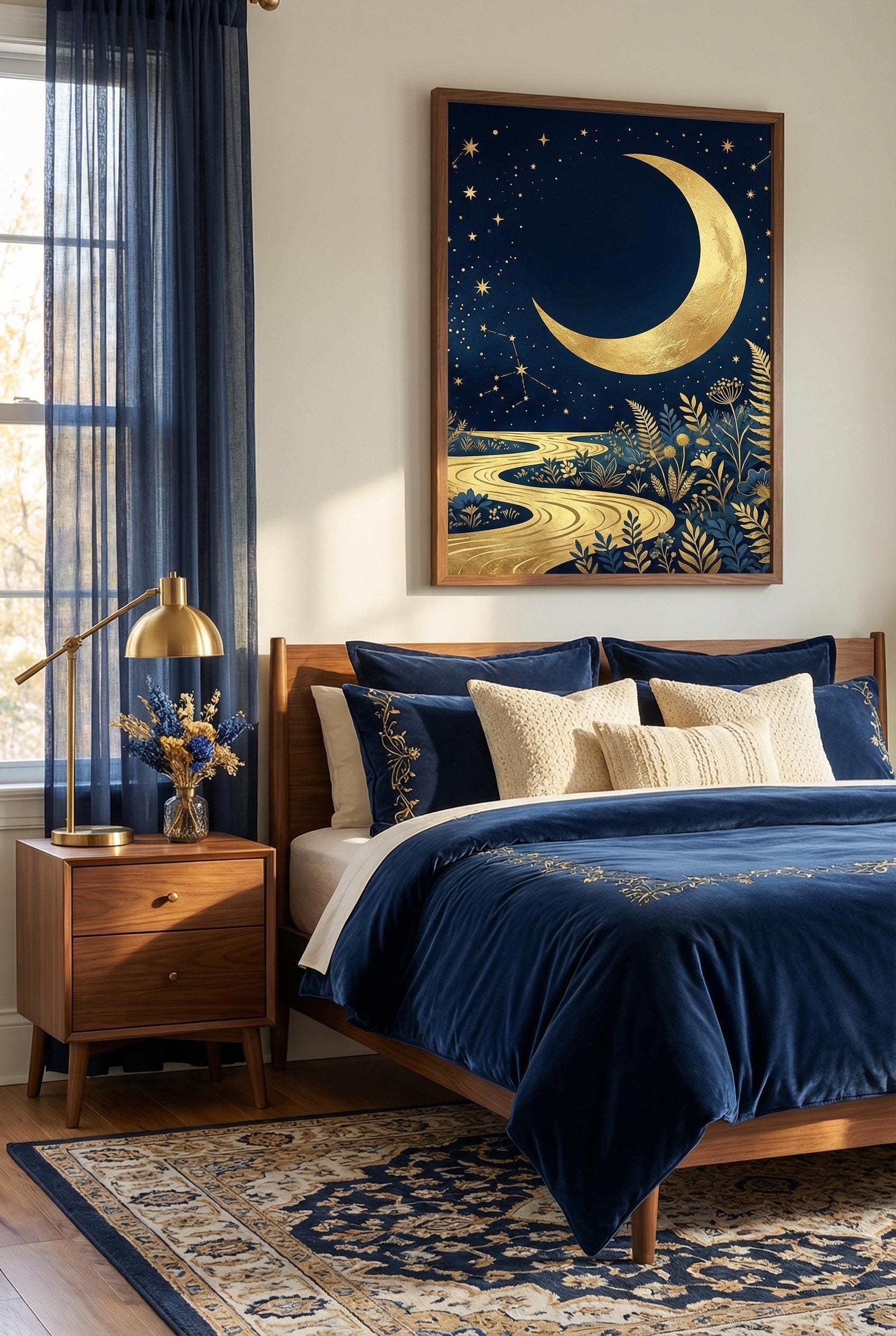 Wall Art Print: Golden Moon and Blue River - Abstract Design