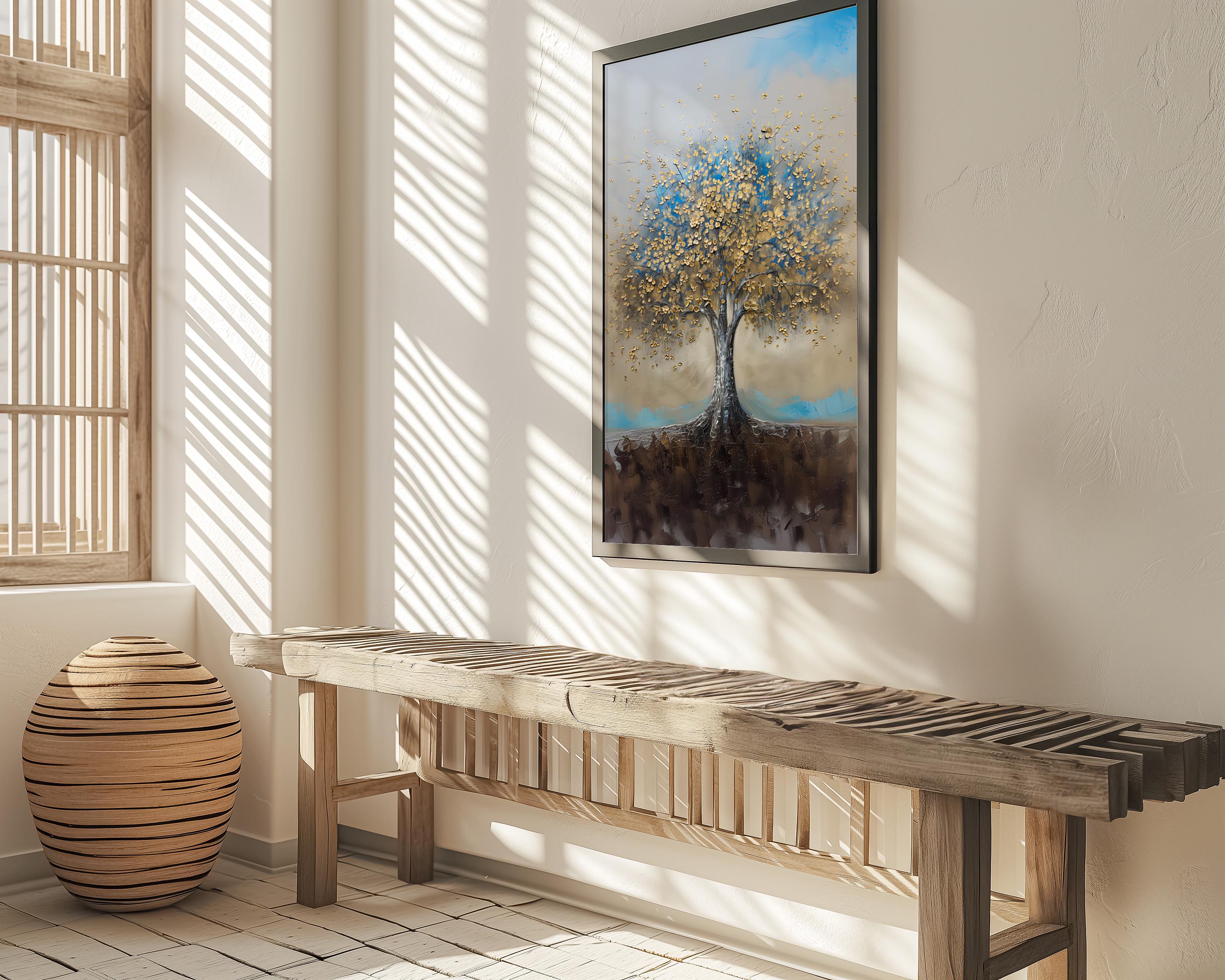 Golden Tree of Life Canvas Art | Blue & Gold Abstract Wall Decor for Serene Spaces