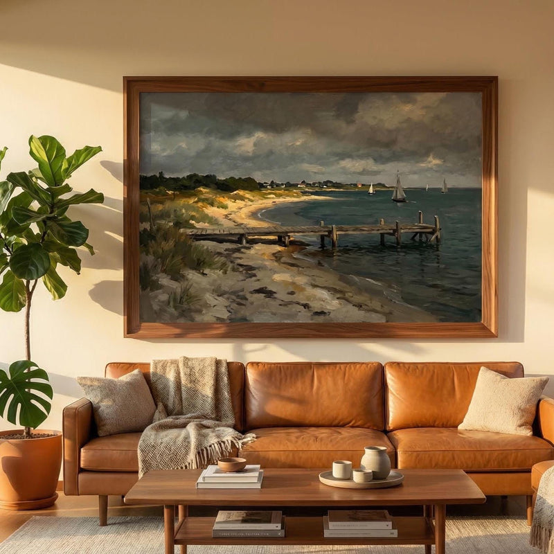 Moody Coastal Painting Vintage Seascape Wall Art Wooden Pier Print Sailboat Decor Dark Ocean Art