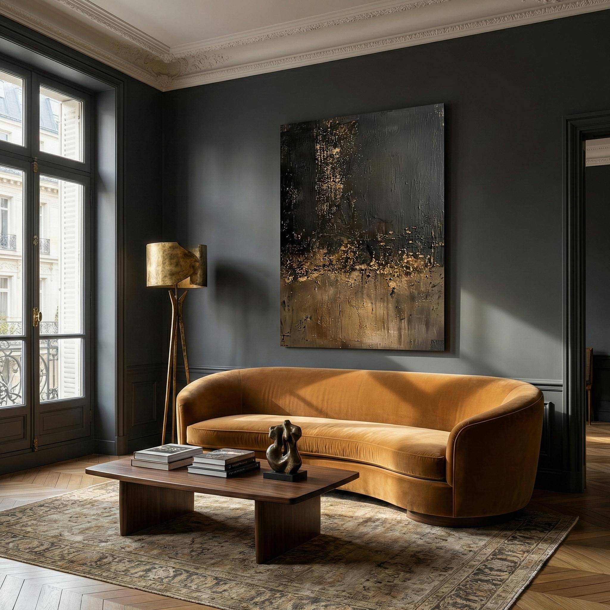 Abstract Wall Art: Black, Gold, Brown Minimalist Canvas (Living Room Decor)