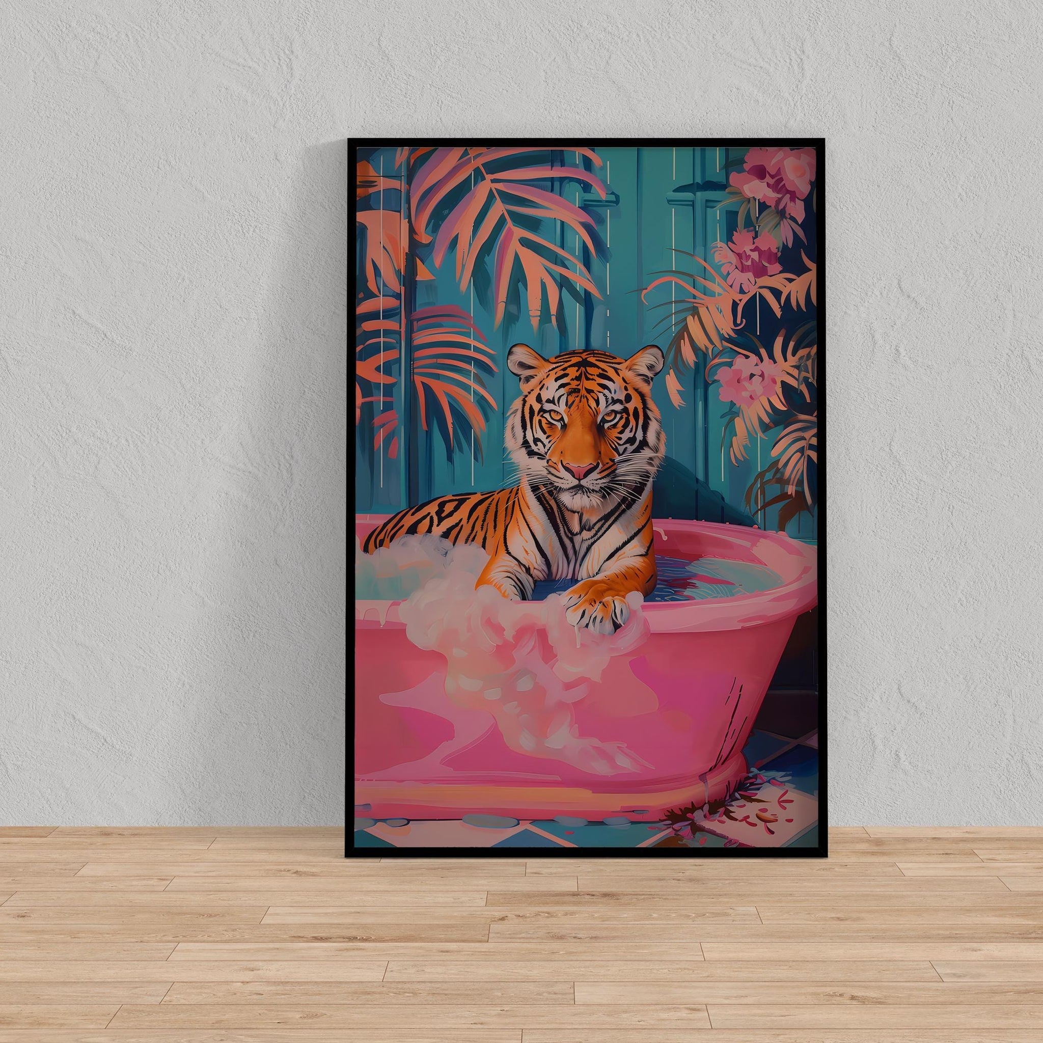 Chic Tiger Wall Art: Pink Bathtub, Maximalist Bathroom Decor