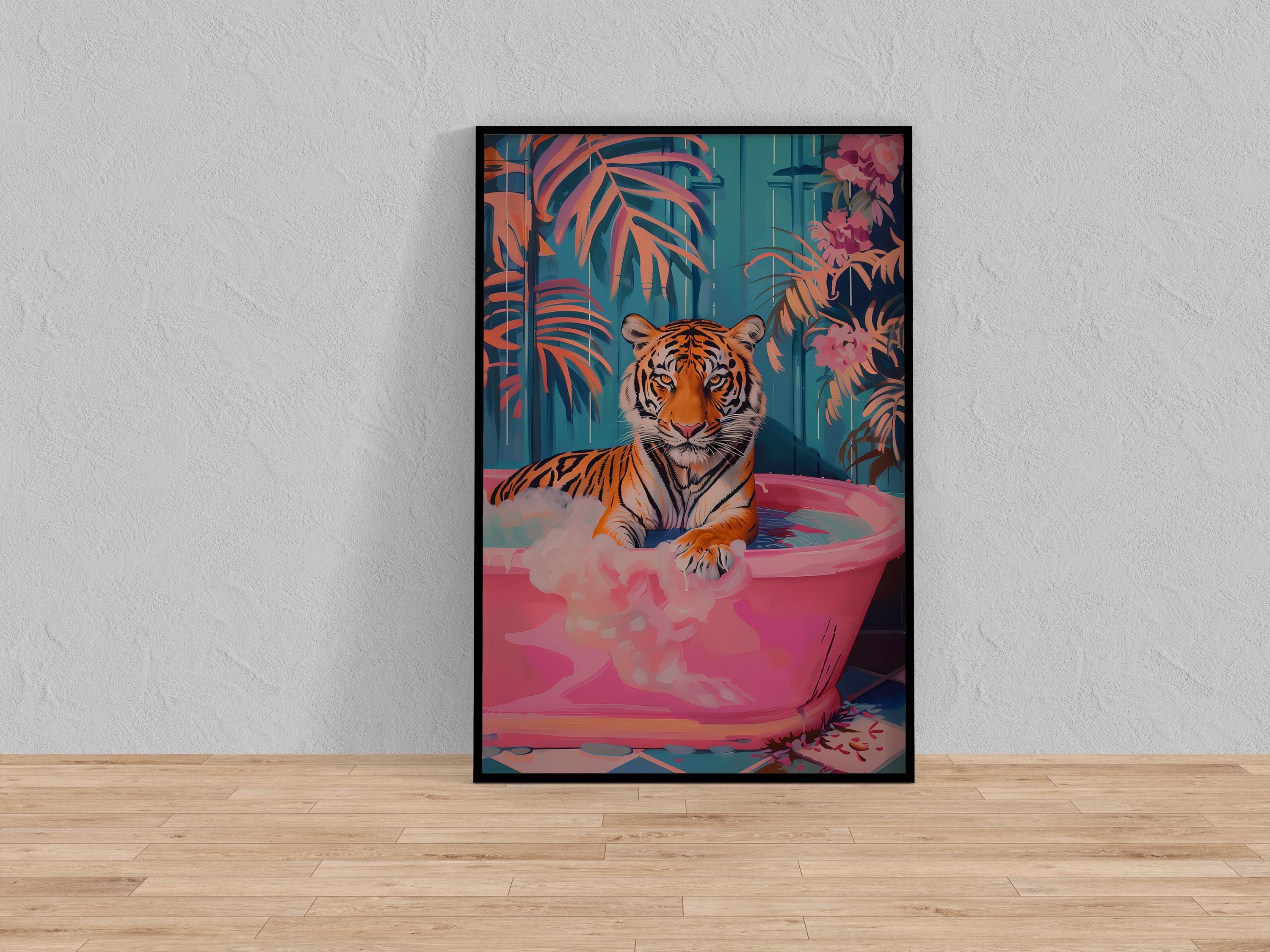 Chic Tiger Wall Art: Pink Bathtub, Maximalist Bathroom Decor