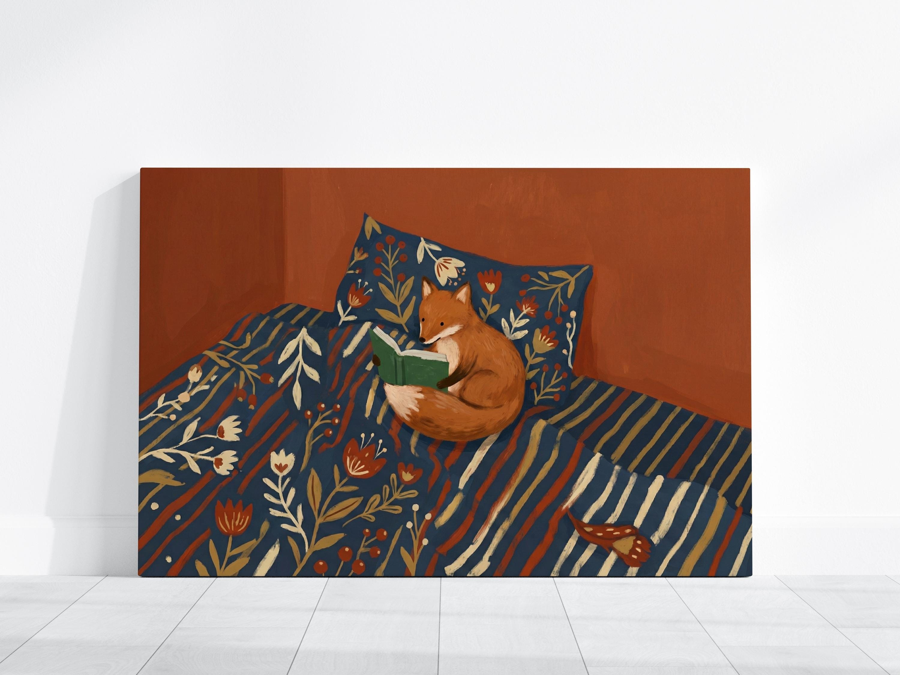 Fox Reading Illustration: Woodland Animal Art (Canvas or Print)