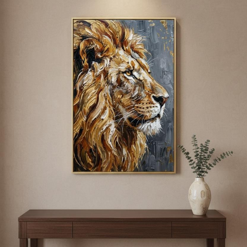a large painting of a lion's head hanging on a wall above a wooden console table.