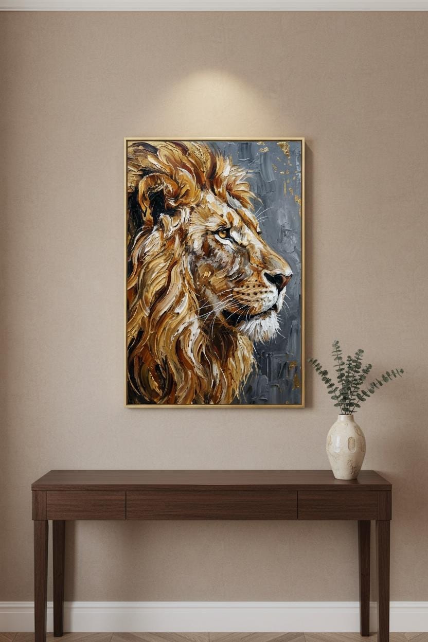 a large painting of a lion's head hanging on a wall above a wooden console table.