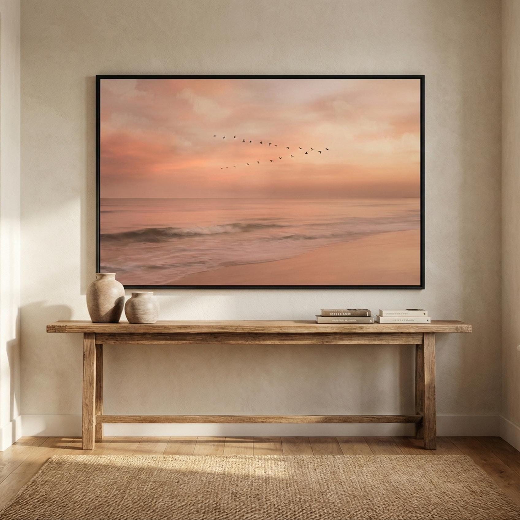 Twilight Beach Art Print, Orange Sunset (Framed or Rolled Canvas)