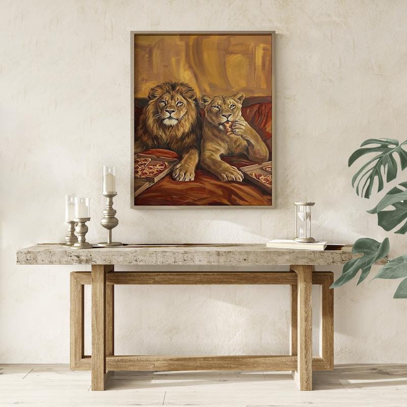 Lion Couple Wall Art: Cozy Surreal Pizza Date - Warm Tones