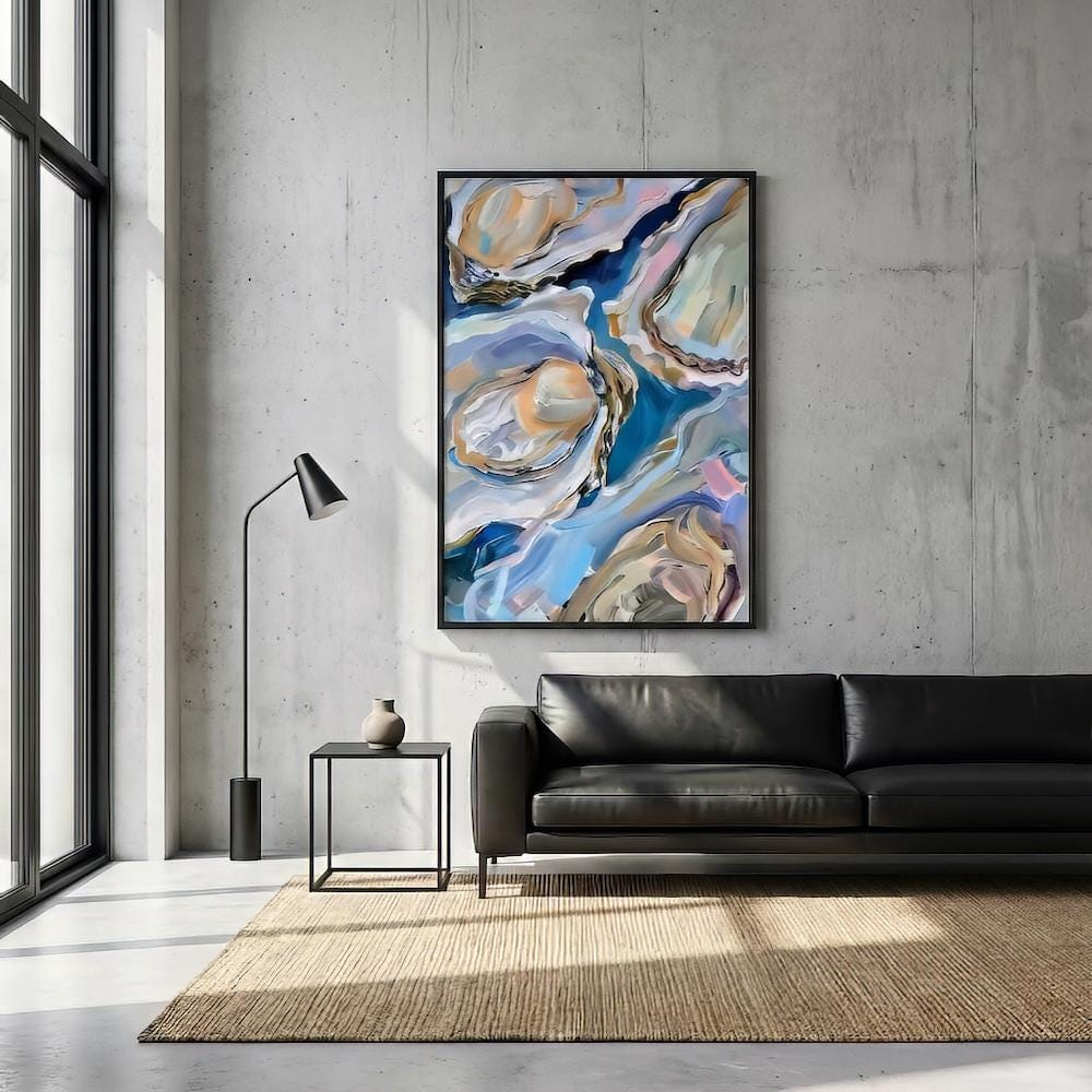 Oyster Delight Coastal Painting, Vibrant Blue (Canvas or Matte Print)