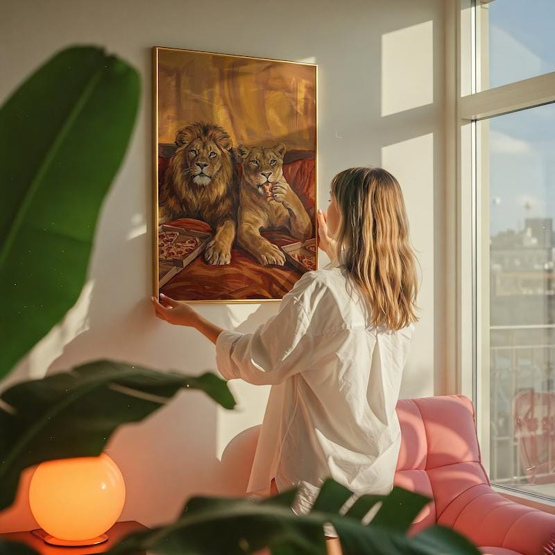 Lion Couple Wall Art: Cozy Surreal Pizza Date - Warm Tones