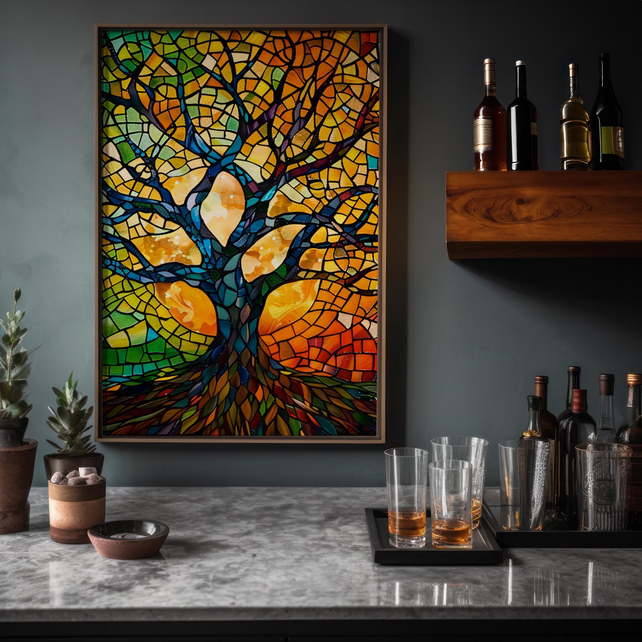 Abstract Mosaic Tree Wall Art - Bright Stained Glass Colors