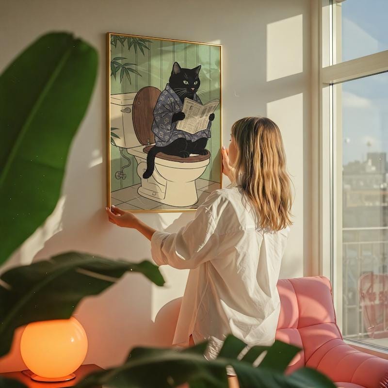 Japanese Style Black Cat Print, Toilet Humor (Canvas or Paper)