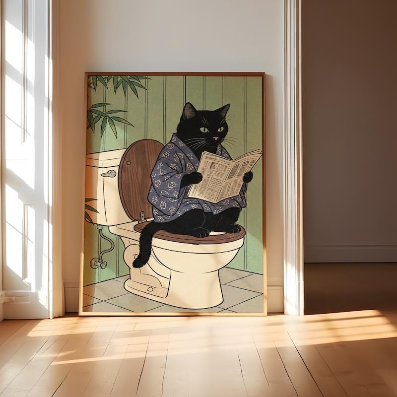Japanese Style Black Cat Print, Toilet Humor (Canvas or Paper)