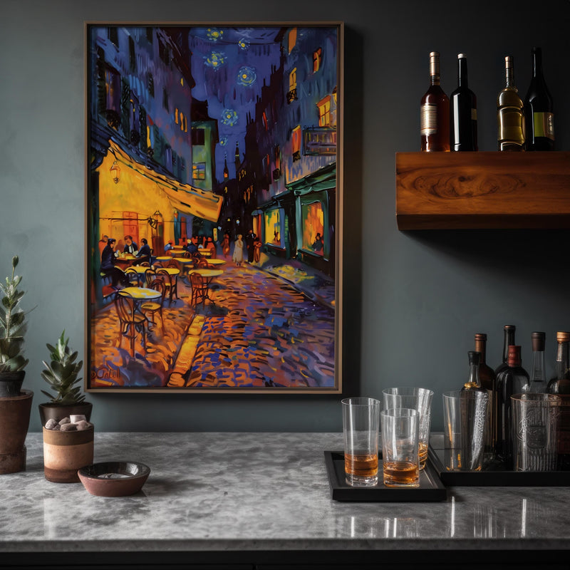 European Street Art – Vibrant Street Scene With Warm Glowing Lights & Whimsical Wall Decor