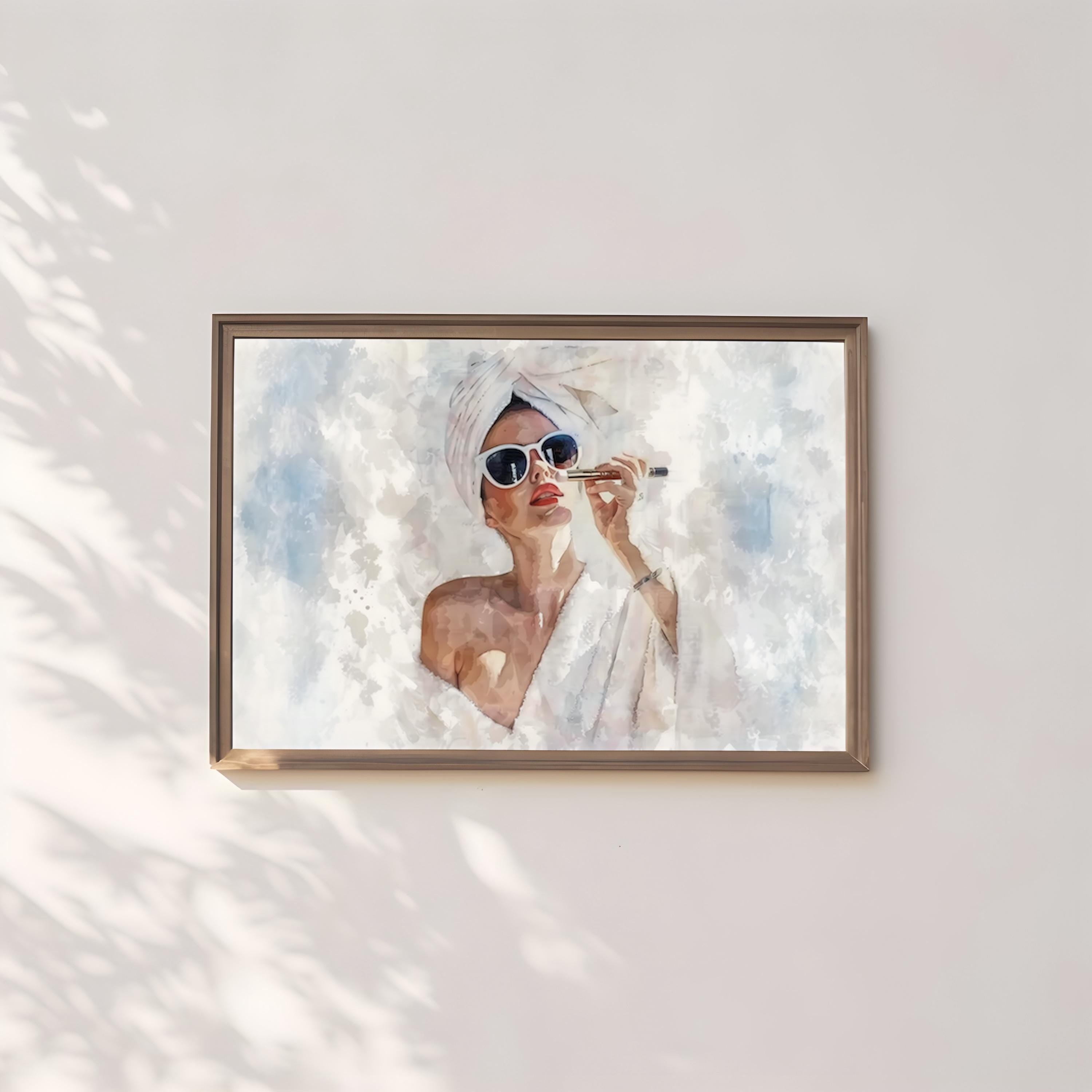 Morning Glamour: Modern Woman in Sunglasses & Robe Art | Chic Fashion Wall Decor