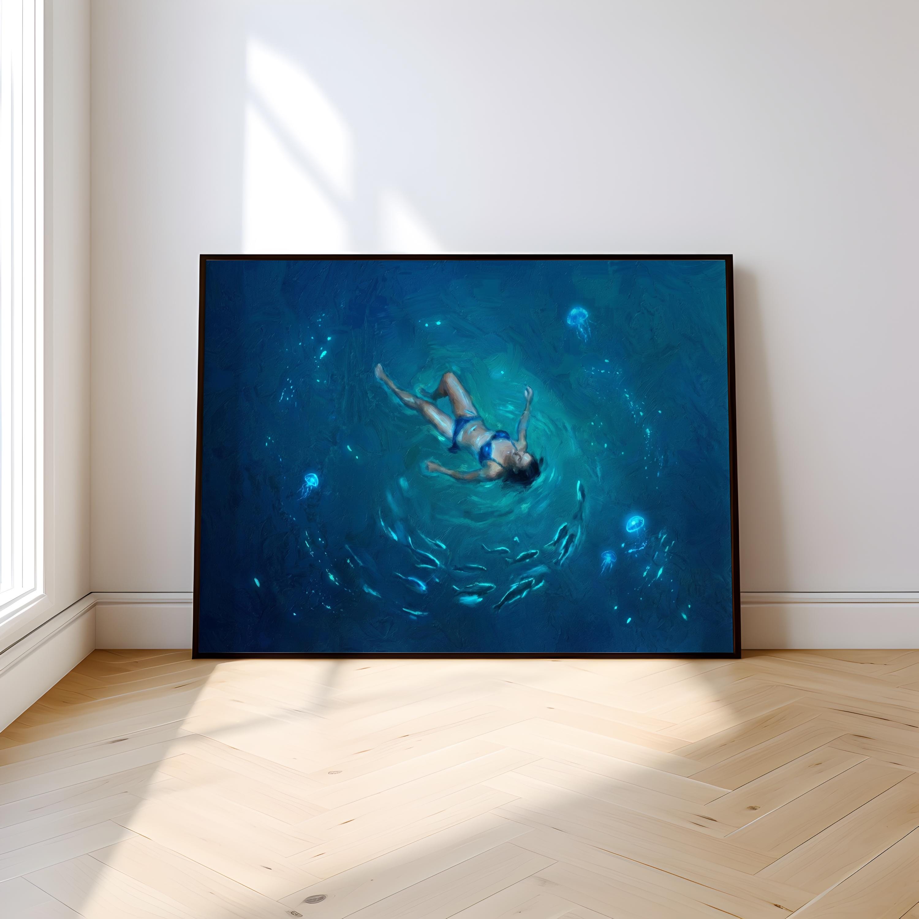 Night Swim Wall Art: Glowing Jellyfish - Moody Ocean Scene