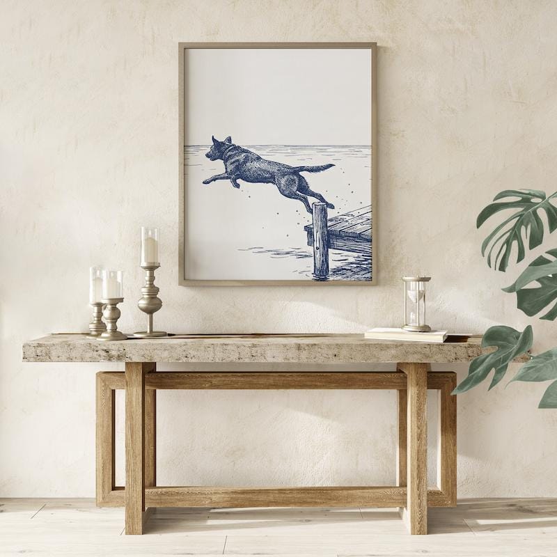Lake House Dog Art, Blue Ink Sketch, Dock Scene (Print or Canvas)