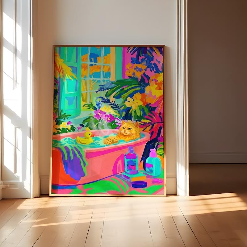 Whimsical Cat Canvas, Orange Tabby in Bathtub (Bold Fauvist Colors)