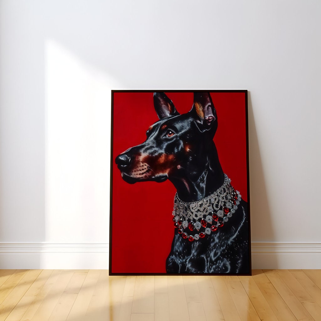 The Guardian: Black Doberman Pinscher Portrait with Red Gem Collar | Regal & Elegant Dog Art
