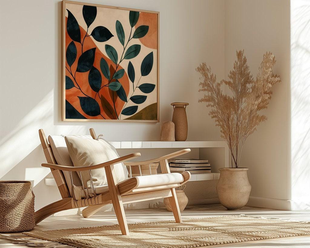 Sunset Leaves: Modern Botanical Abstract Art | Warm Orange & Green Wall Decor