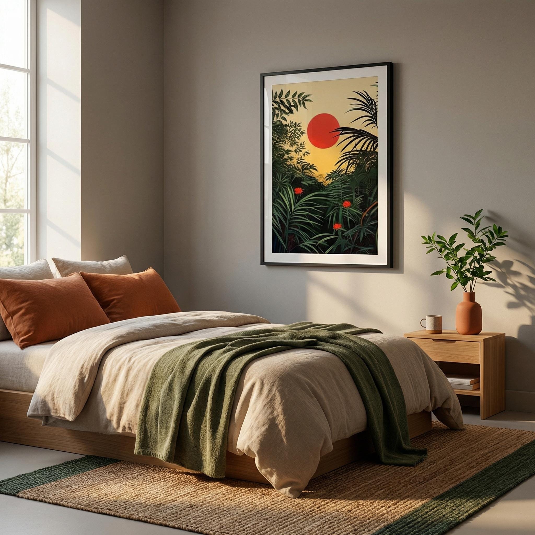 Tropical Forest Wall Art: Henri Rousseau Inspired Red Sun Sunrise
