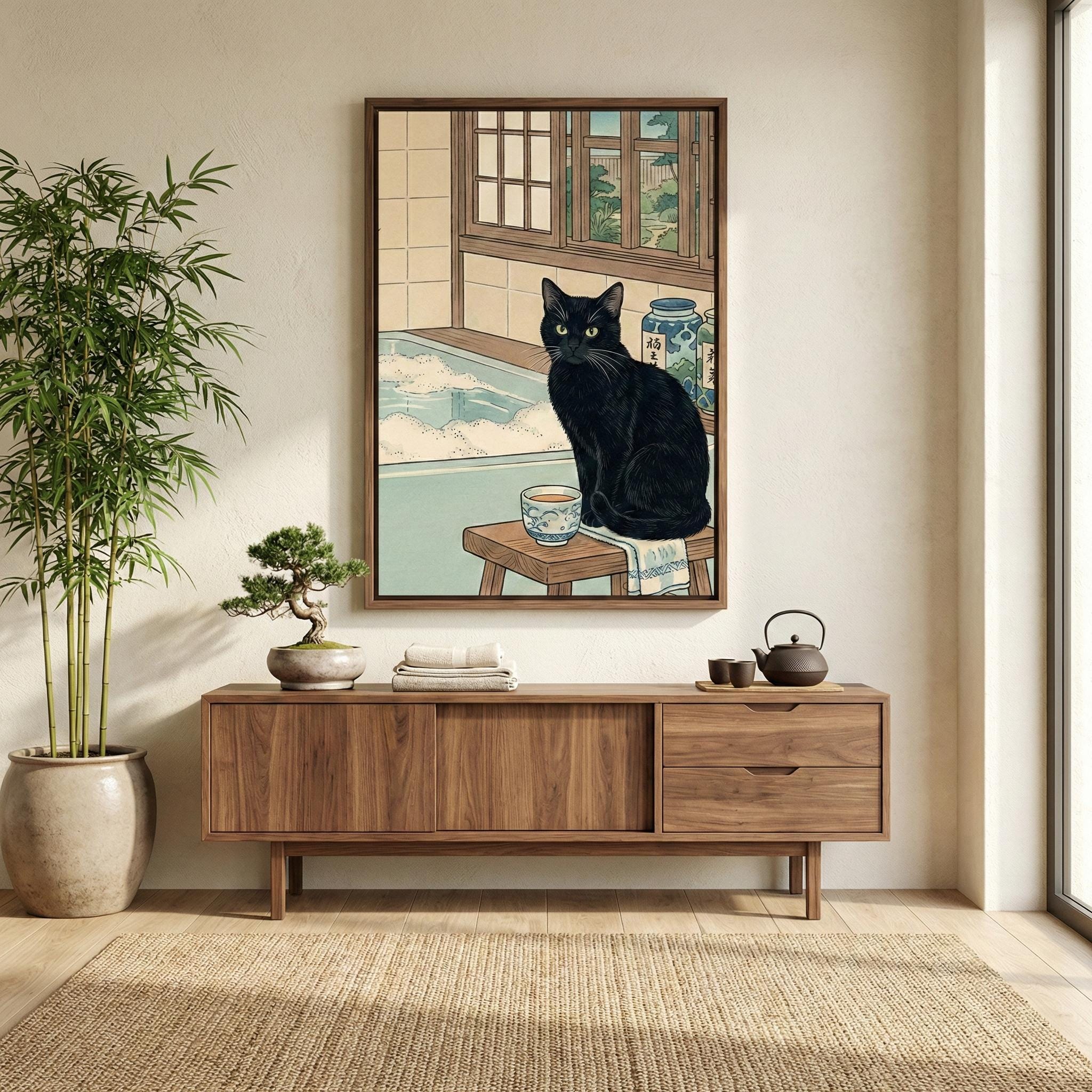 Ukiyo-e Black Cat Wall Art - Japanese Onsen Bathhouse Scene