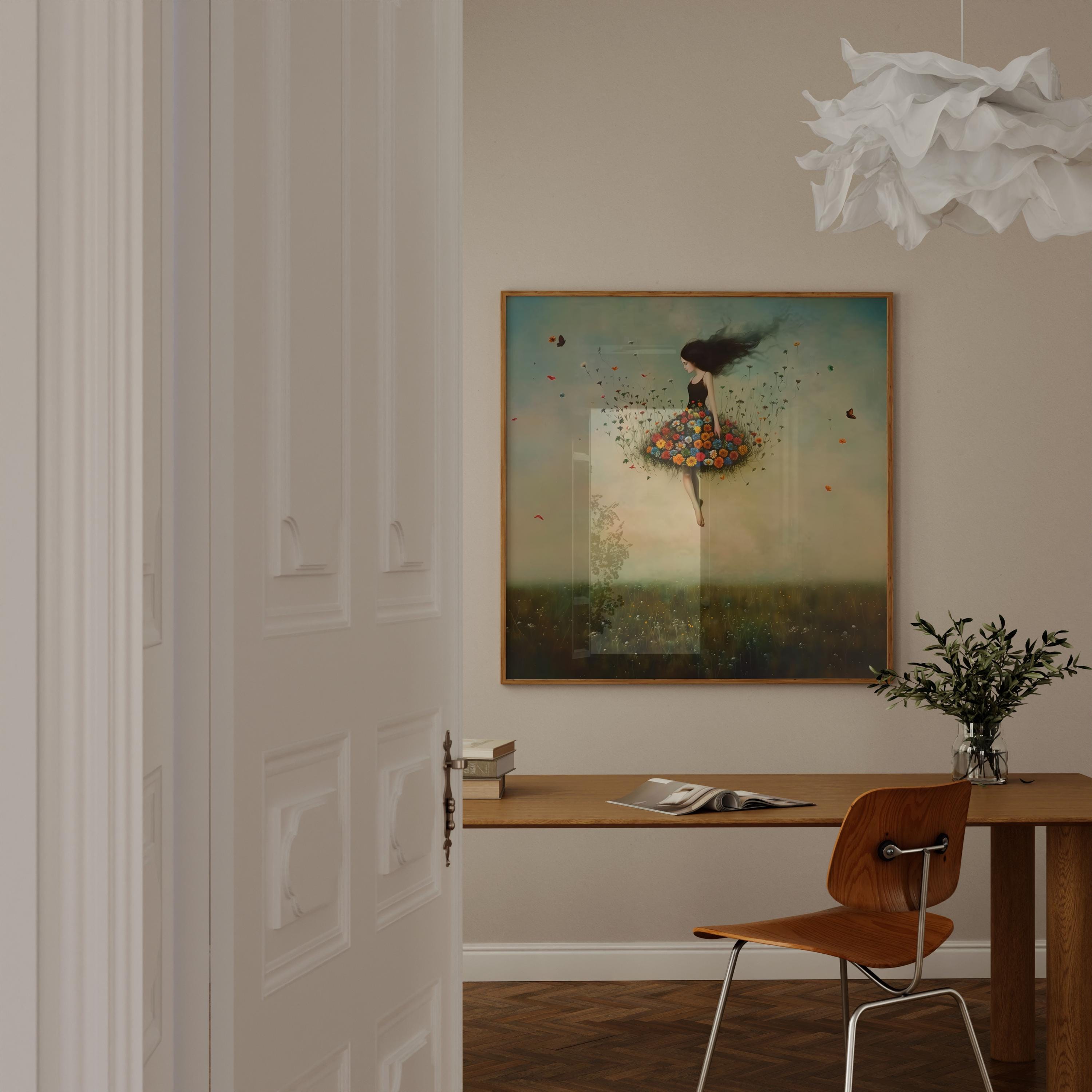The Ascension: Surreal Woman Floating in a Vortex of Flowers | Fantastical & Ethereal Wall Art