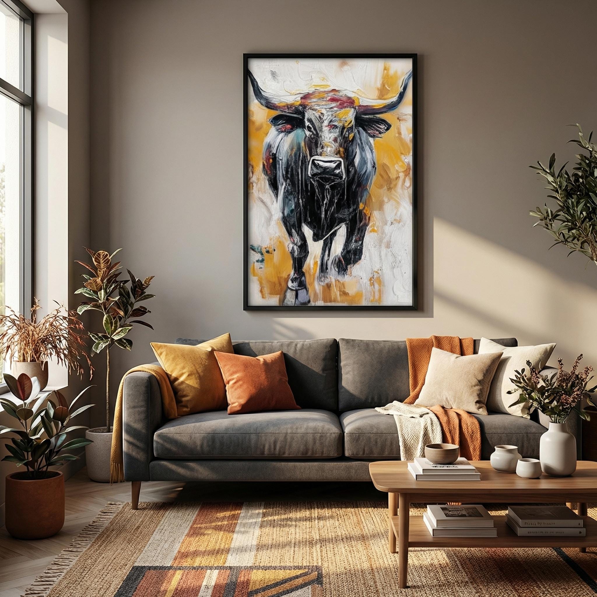 Bull Painting on Canvas: Abstract Animal Art (Farmhouse Style)