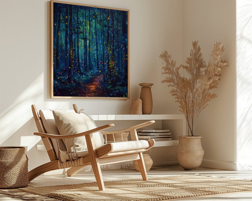 Enchanted Forest Wall Art: Glowing Fireflies, Night Path