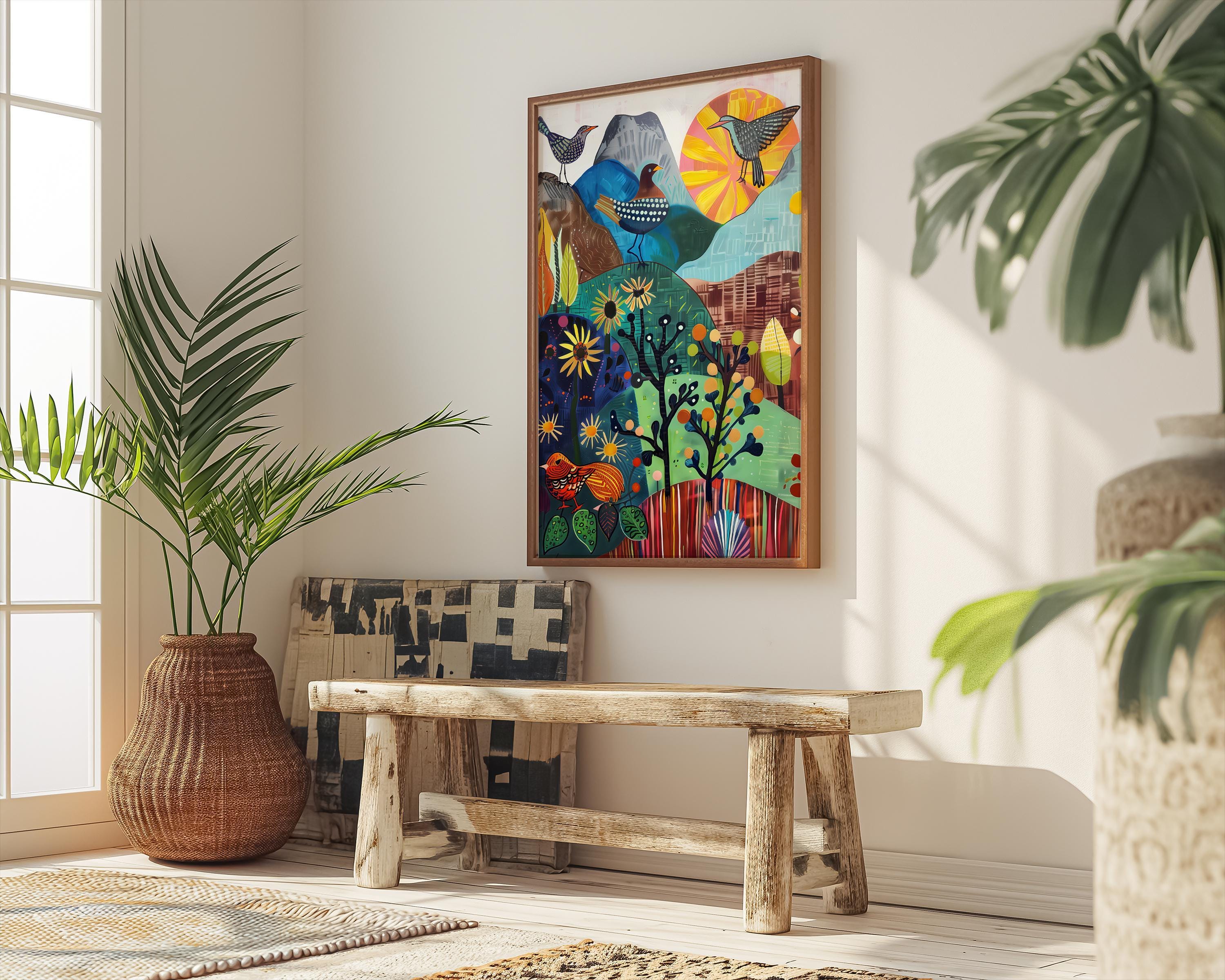 Little Green Valley Wall Art: Serene Birds and Mountain Landscape