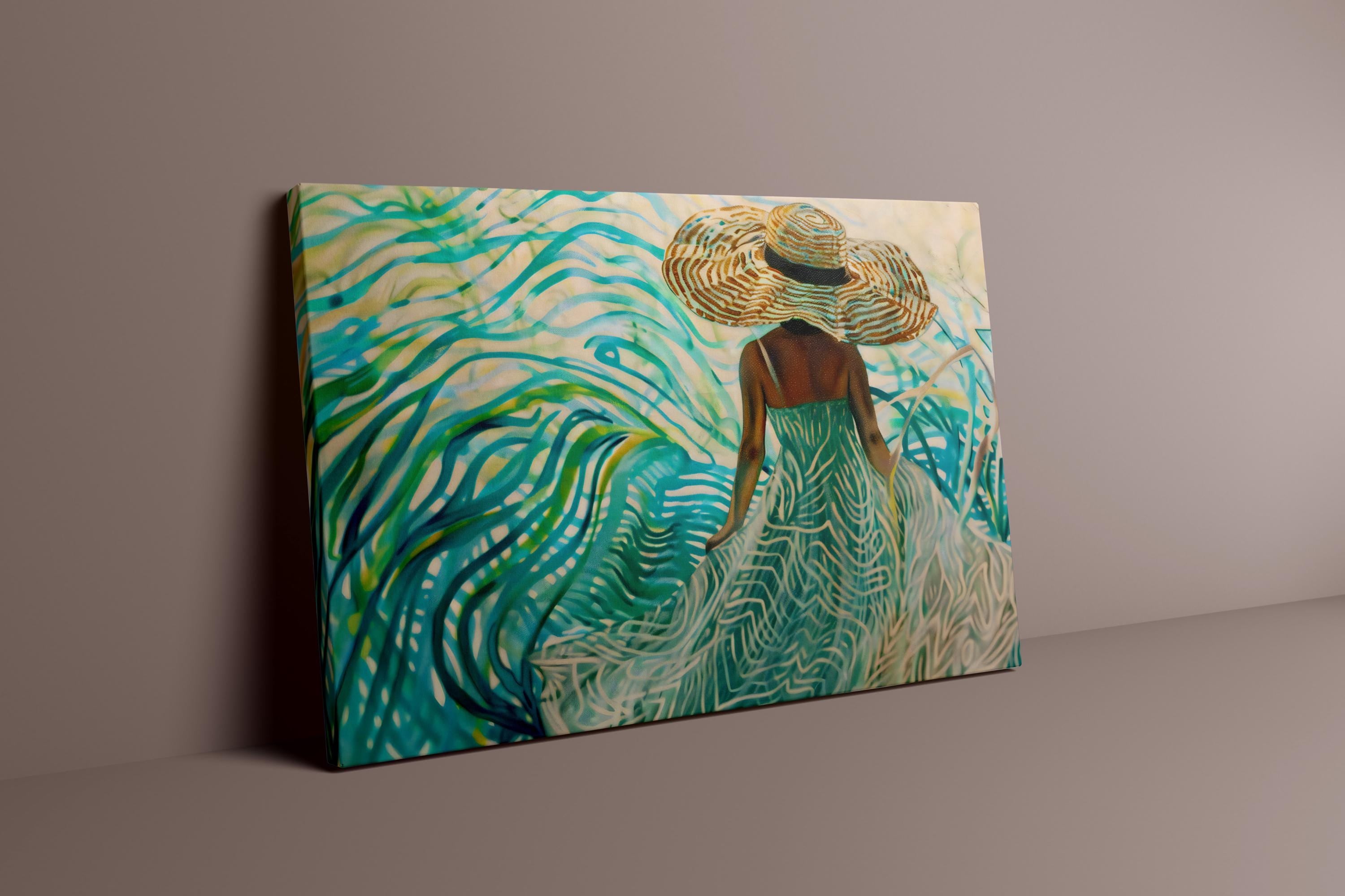 The Dreamer's Path: Surreal Woman in Hat in a Swirling Tropical Landscape | Vibrant & Abstract Wall Art