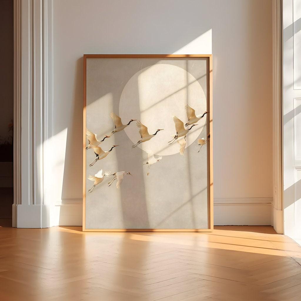 Moonlit Cranes: Serene Japanese Inspired Art | Ethereal Crane & Moon Wall Decor