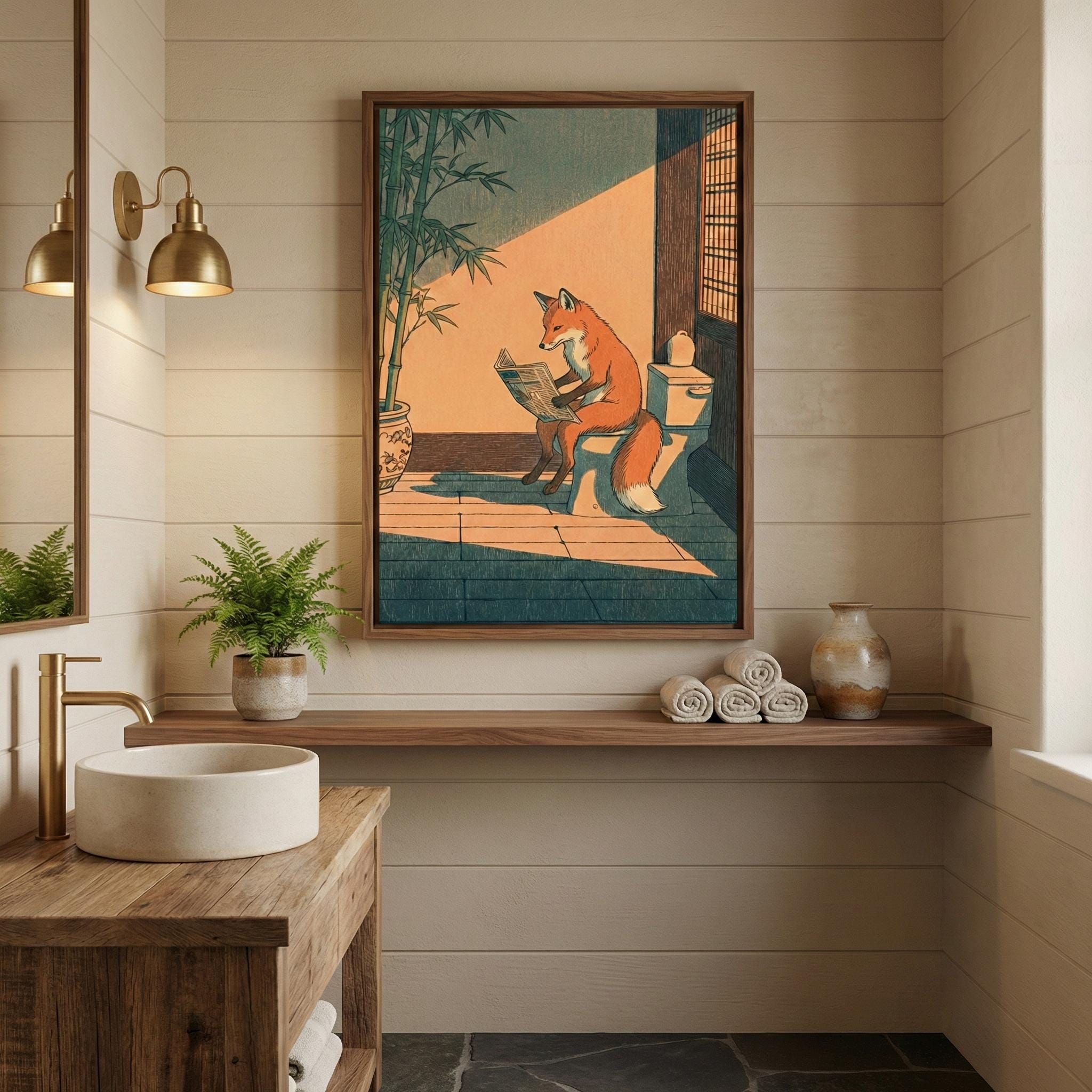 Bathroom Wall Art: Humorous Red Fox on Toilet - Ukiyo-e Style Print