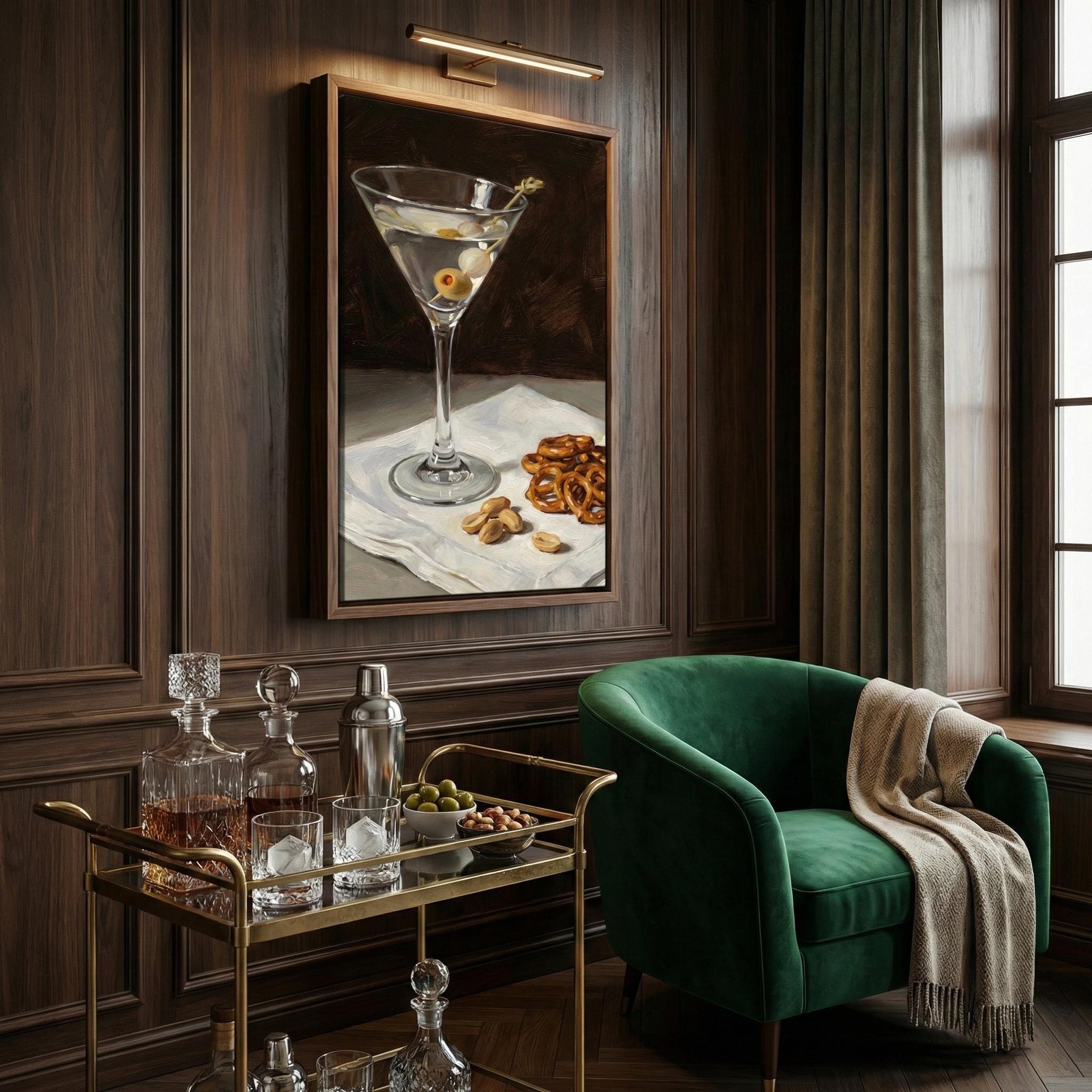 Dirty Martini Wall Decor: Moody Bar Cart Scene (Print or Canvas)