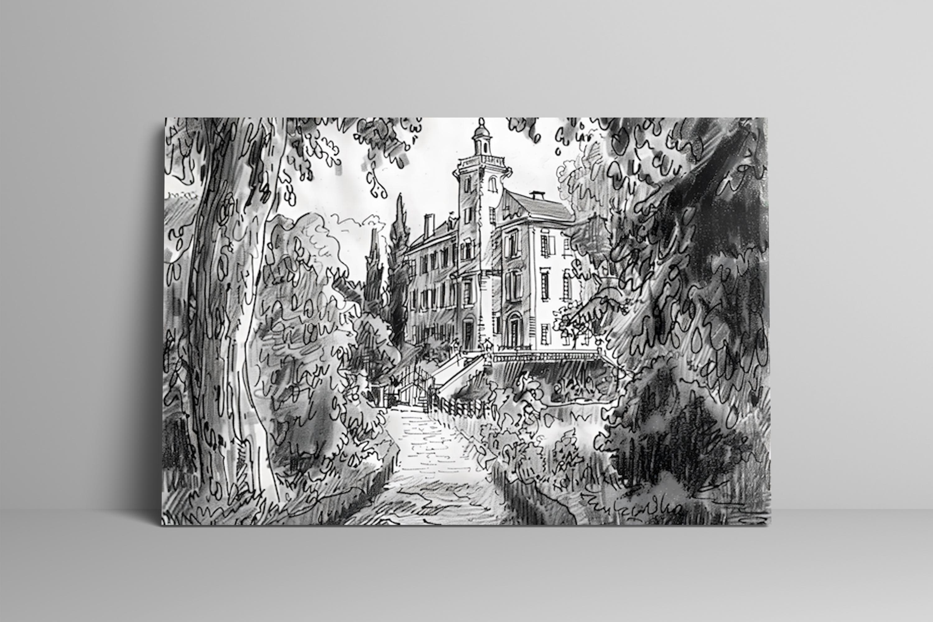 Timeless Elegance: Stately Manor House Ink Drawing | Classic Architectural Wall Art