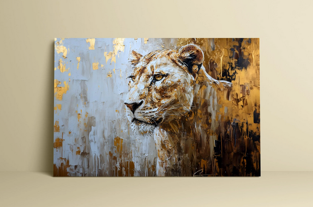 The image is a painting of a lion's face, with a golden and brown color palette.