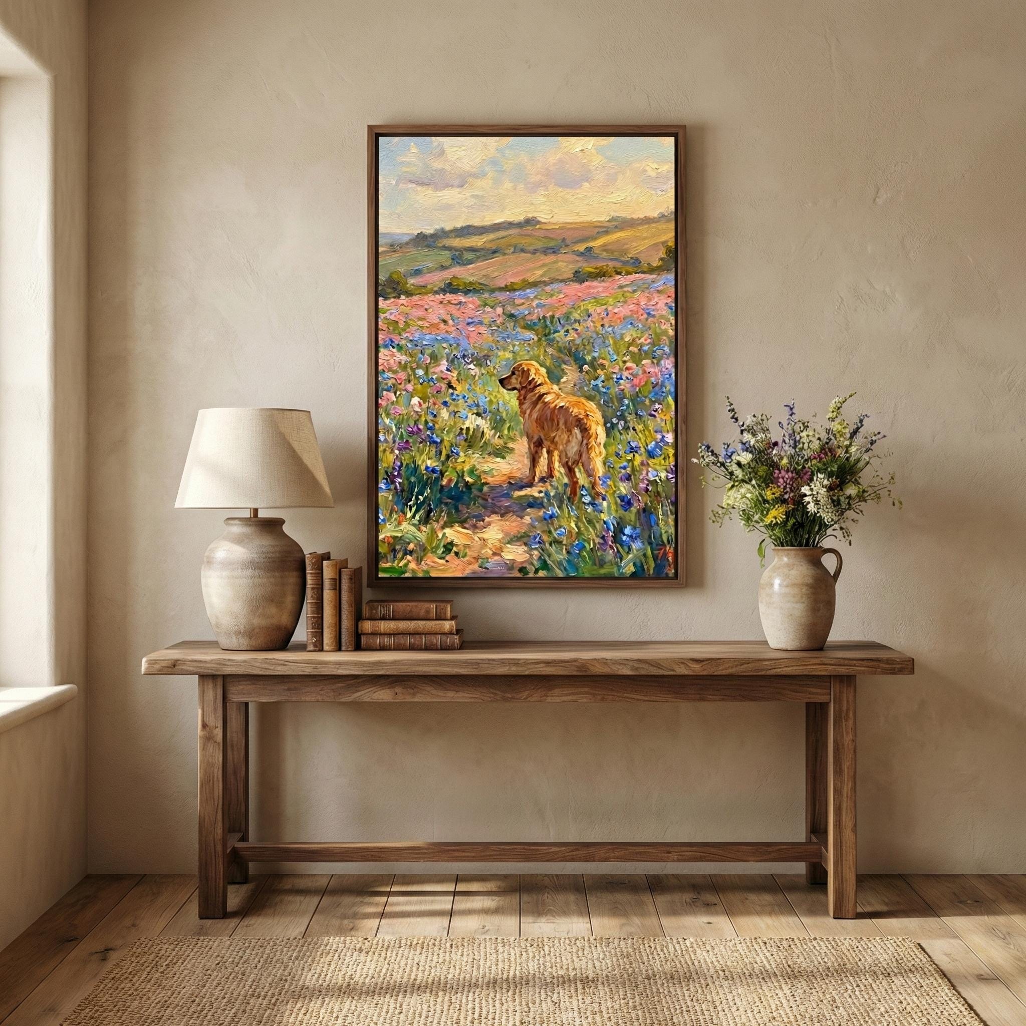 Golden Retriever Dog Art, Wildflower Field, Spring Colors (Canvas or Print)
