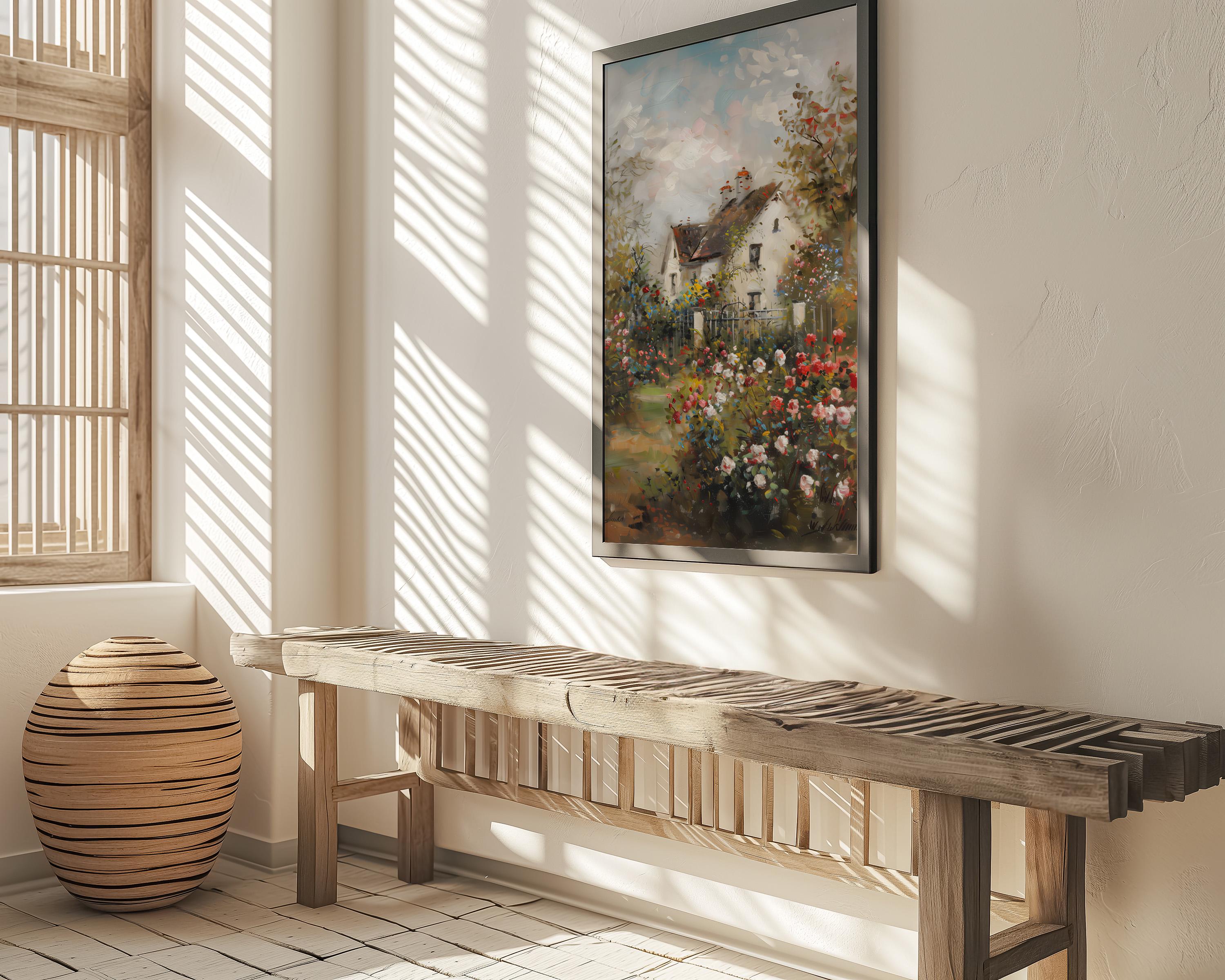 Vintage Cottage Rose Garden Art Print | Nostalgic & Tranquil Floral Wall Decor