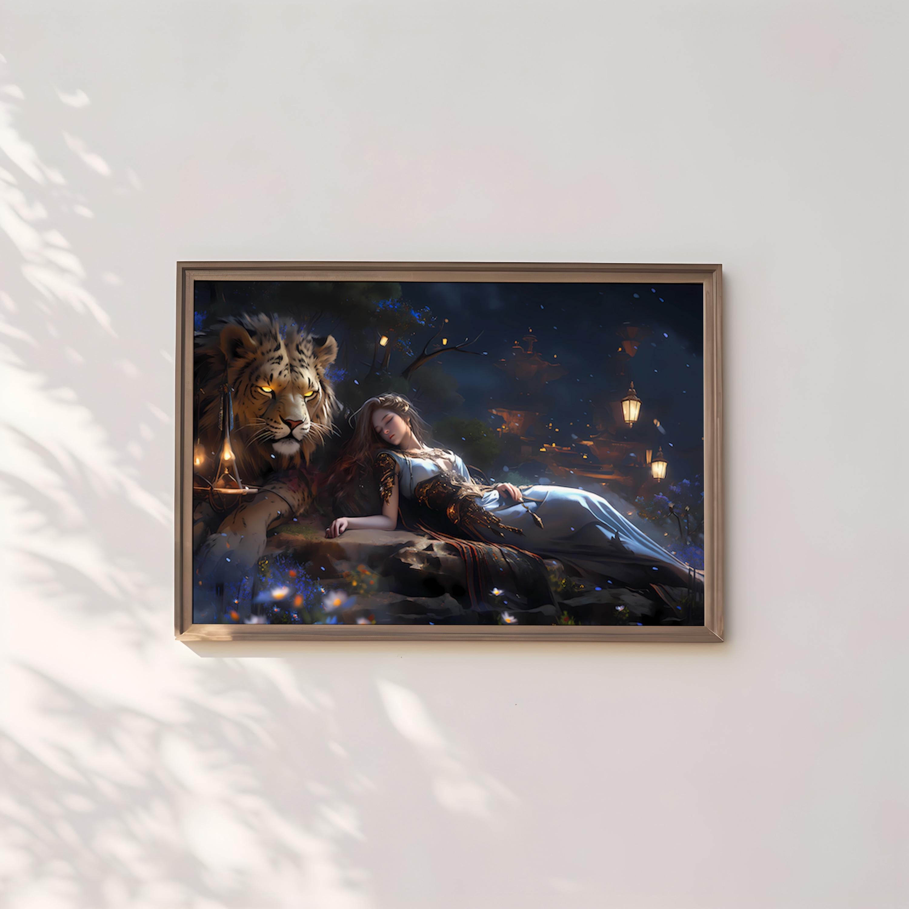 The Dream Guardian: Surreal Lion & Sleeping Woman Art | Mystical & Serene Wall Decor