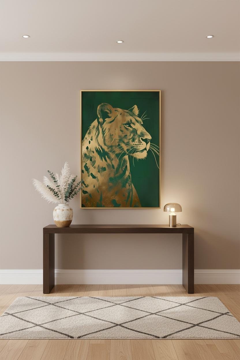 Art Deco Lion Print - Gold Foil Wildlife Wall Art | Regal Green Decor