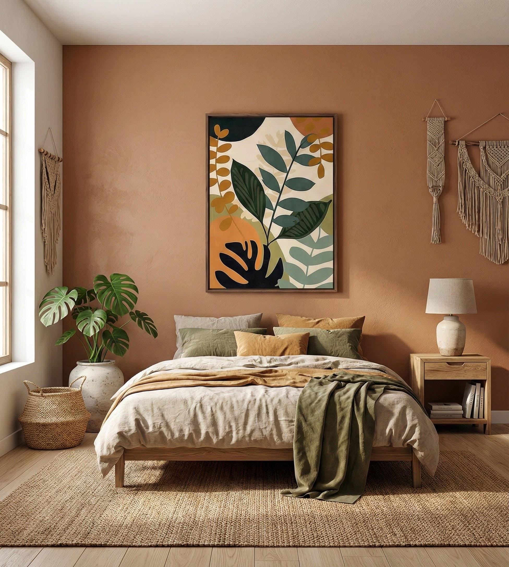Boho Tropical Leaves Canvas, Mid-Century Modern Style (Ready to Hang)