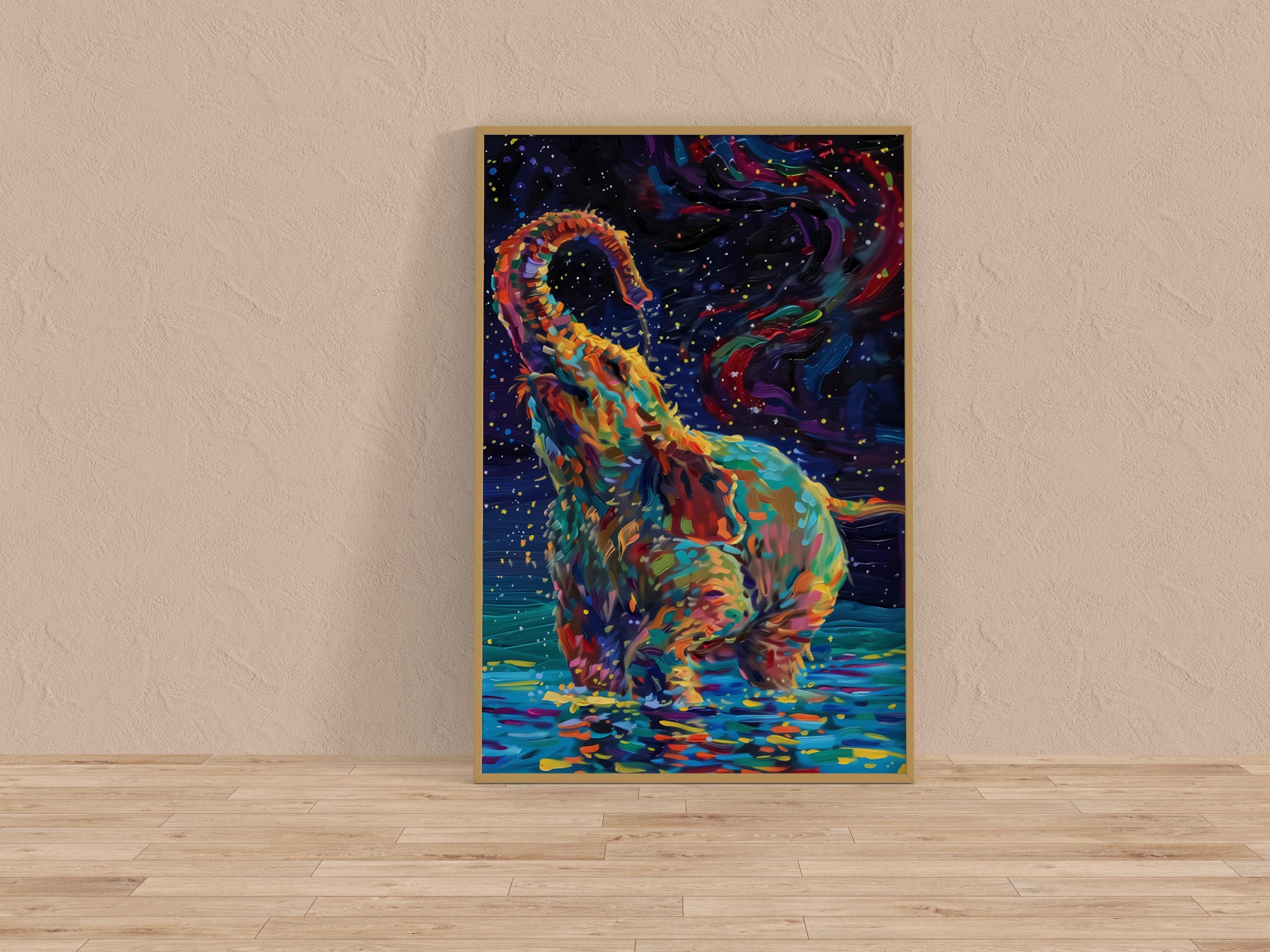 Cosmic Elephant: Fantastical Blue & Colorful Animal Art | Surreal Space Wall Decor