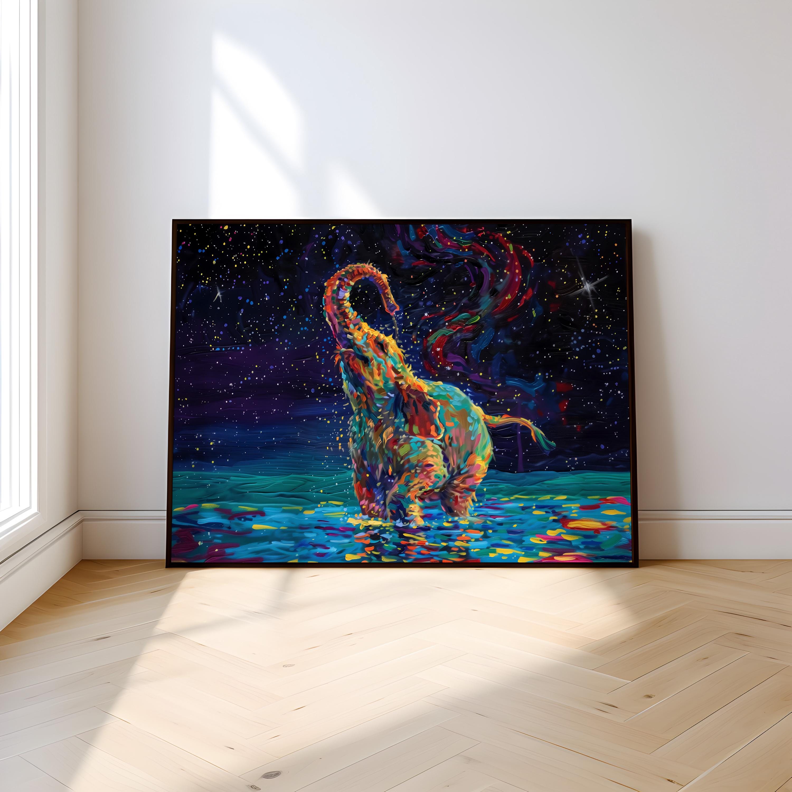 Cosmic Elephant: Fantastical Blue & Colorful Animal Art | Surreal Space Wall Decor