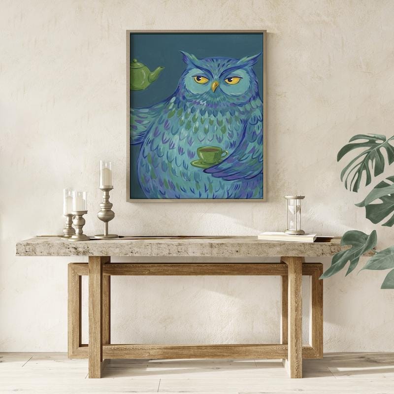 Funny Blue Owl Art Print: Whimsical Tea Time Kitchen Decor